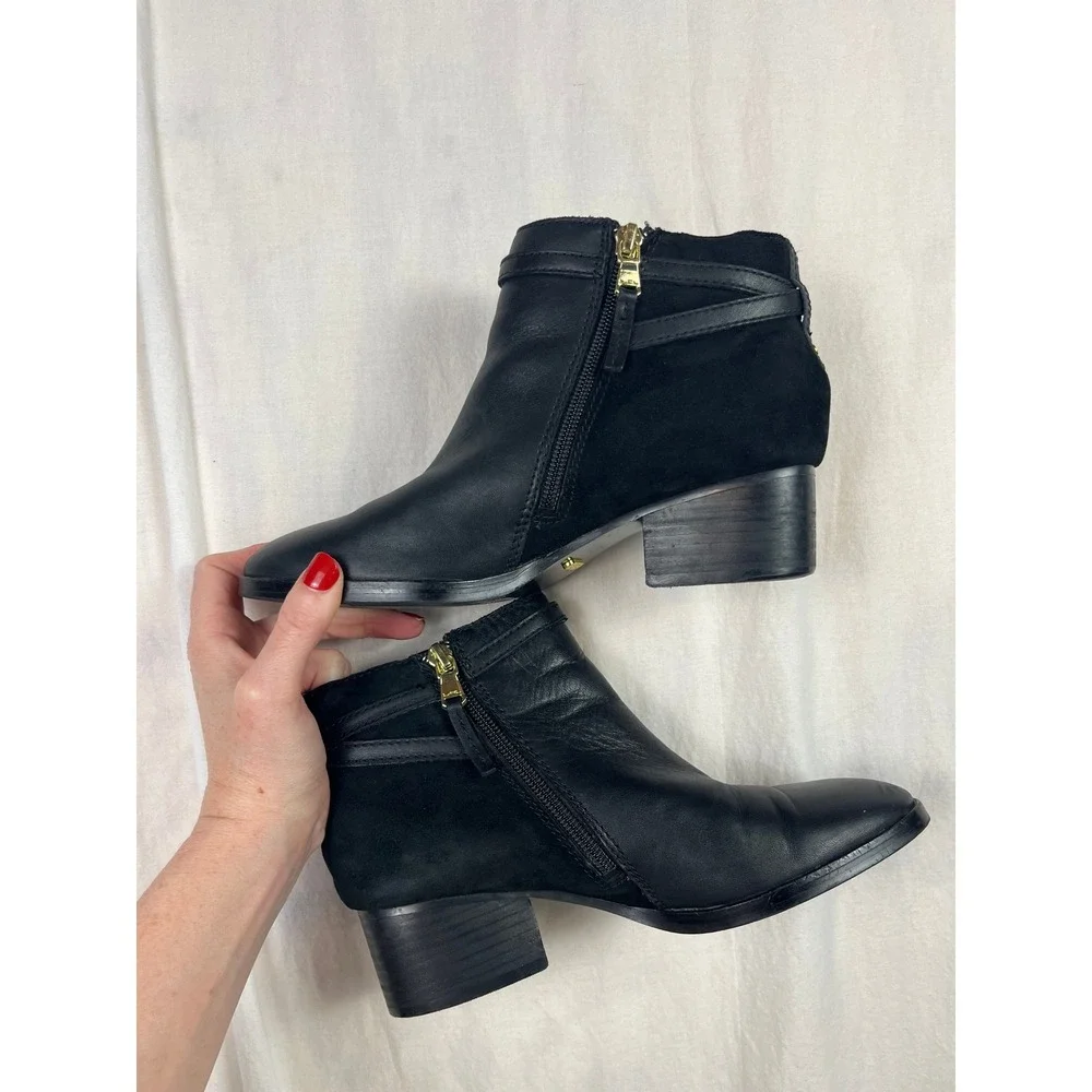 Lauren Ralph Lauren Damara Black Leather Suede Ankle Boots 6.5B Block Heel 11424